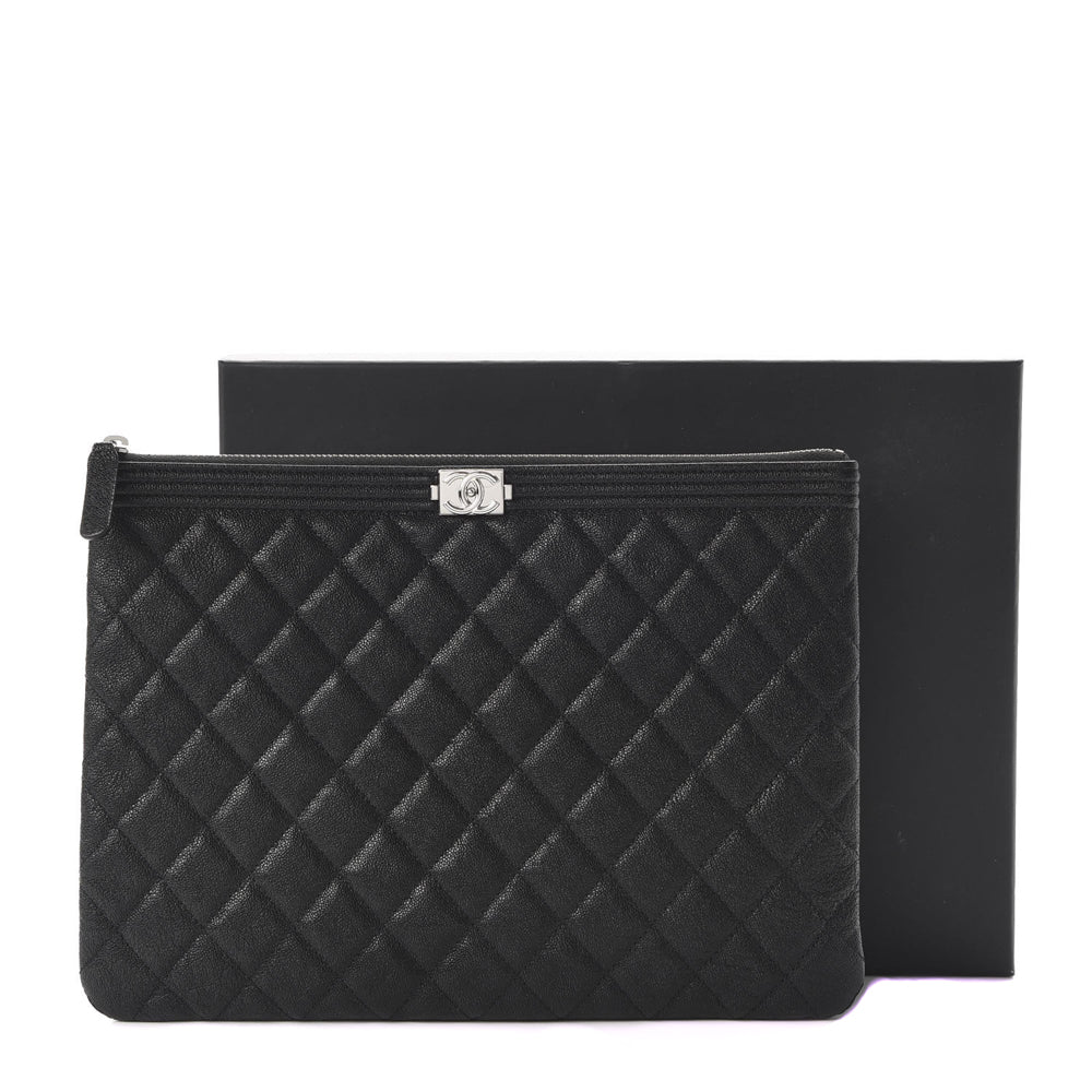 CHANEL, Bags, Authentic Chanel Boy Zip Pouch Quilted Caviar Clutch