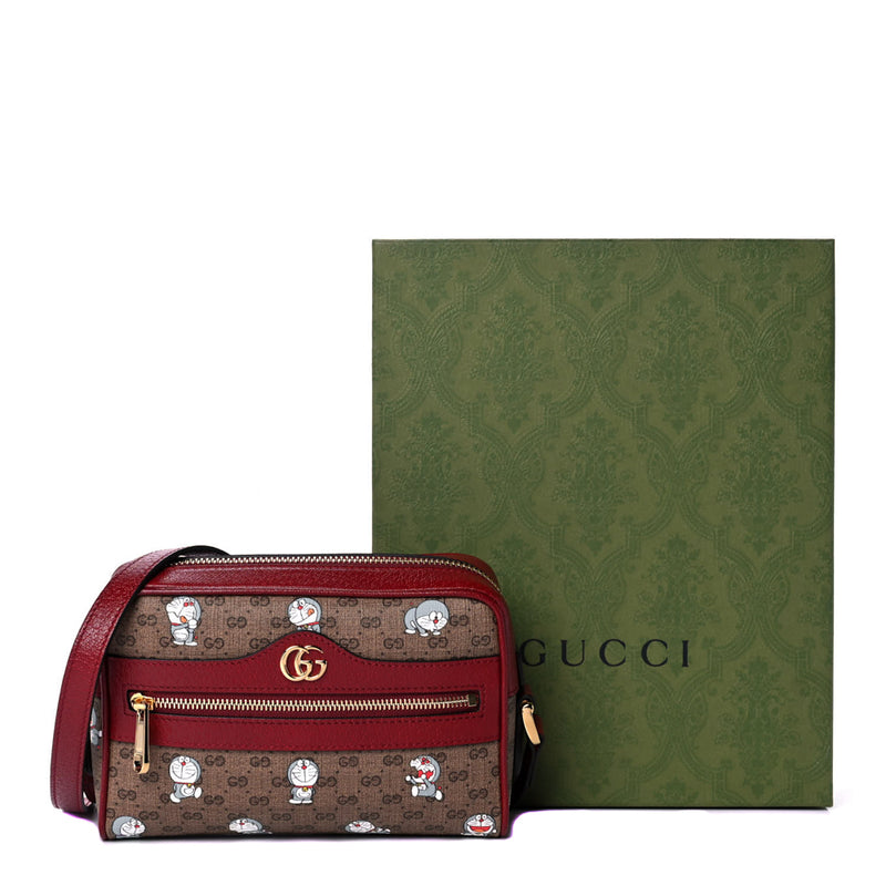 Gucci Brown Coated Canvas And Red Leather Doraemon Purse Box Gold