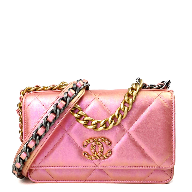 Chanel Pink Quilted Calfskin Flap Card Holder with Chain Gold Hardware, 2021, Womens Handbag