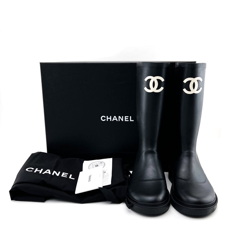Chanel Black Quilted Rubber Rain Boots Size 8539  Yoogis Closet