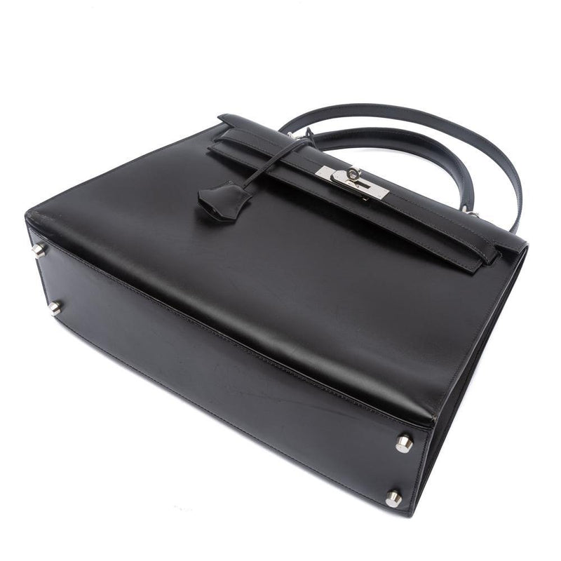 Hermes Black Box Leather Palladium Plated Kelly Pochette Bag