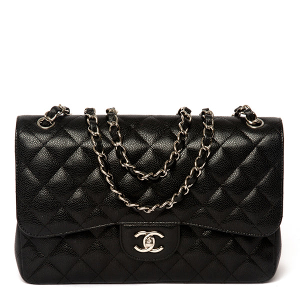 Chanel Chanel Black Quilted Caviar Leather Large CC Logo Shoulder Bag